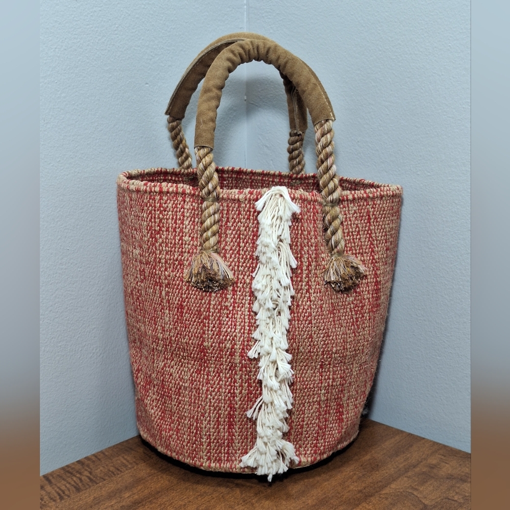 Woven Natural Jute Cotton & Leather Handcrafted Bucket Bag Red Tan Hippie Boho